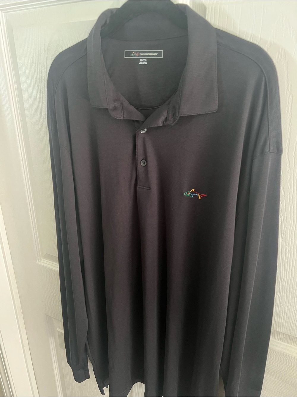 Greg Norman Collection Black Long Sleeve Polo with Multicolor Shark Logo
